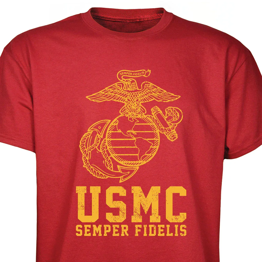 Image of USMC Semper Fidelis T-shirt Gold on Red