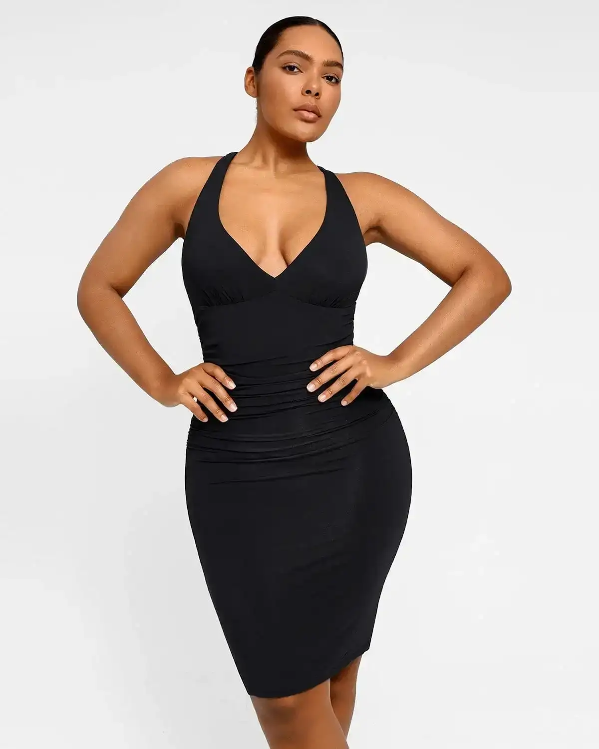 Image of Ruched Deep Plunge Midi Shaping Dress