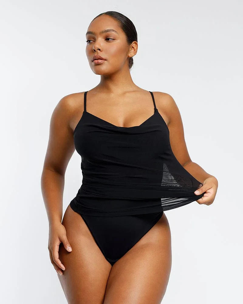 Image of Built-In Shapewear 2-in-1 Mesh Draped Cami Top