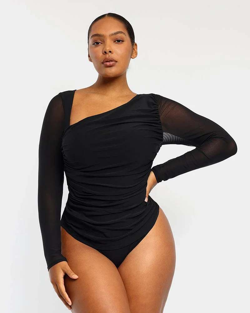 Image of Built-In Shapewear 2-In-1 Slanted V-Neck Mesh Top