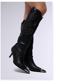 AZALEA WANG FLORYAN BLACK WESTERN BOOT WITH SILVER TOE CAP