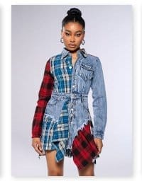 PATCHWORK PLAID DENIM MINI DRESS