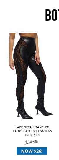 LACE DETAIL PANELED FAUX LEATHER LEGGINGS IN BLACK