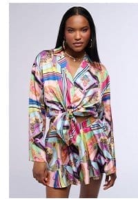 KENNA SCARF PRINT SATIN BUTTON DOWN BLOUSE