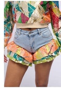 LIFE IS BUT A DREAM BROCADE RUFFLE DENIM SHORTS