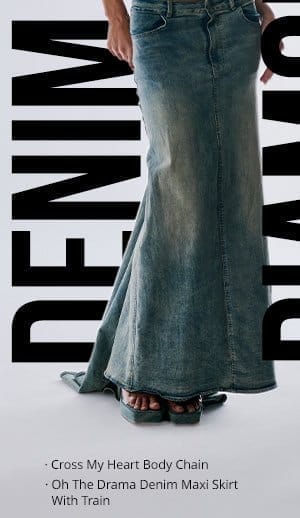 OH THE DRAMA DENIM MAXI SKIRT WITH TRAIN