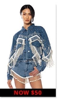 THE WORLD IS YOUR OYSTER PEARL TRIM DENIM JACKET