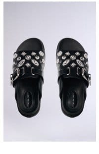 AZALEA WANG CASSANDRA BLACK SILVER CHARM SLIDE ON SANDAL