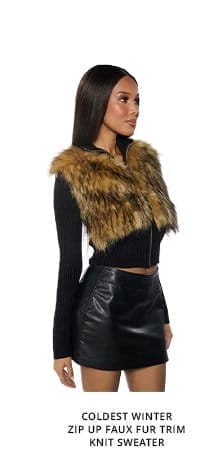 COLDEST WINTER ZIP UP FAUX FUR TRIM KNIT SWEATER