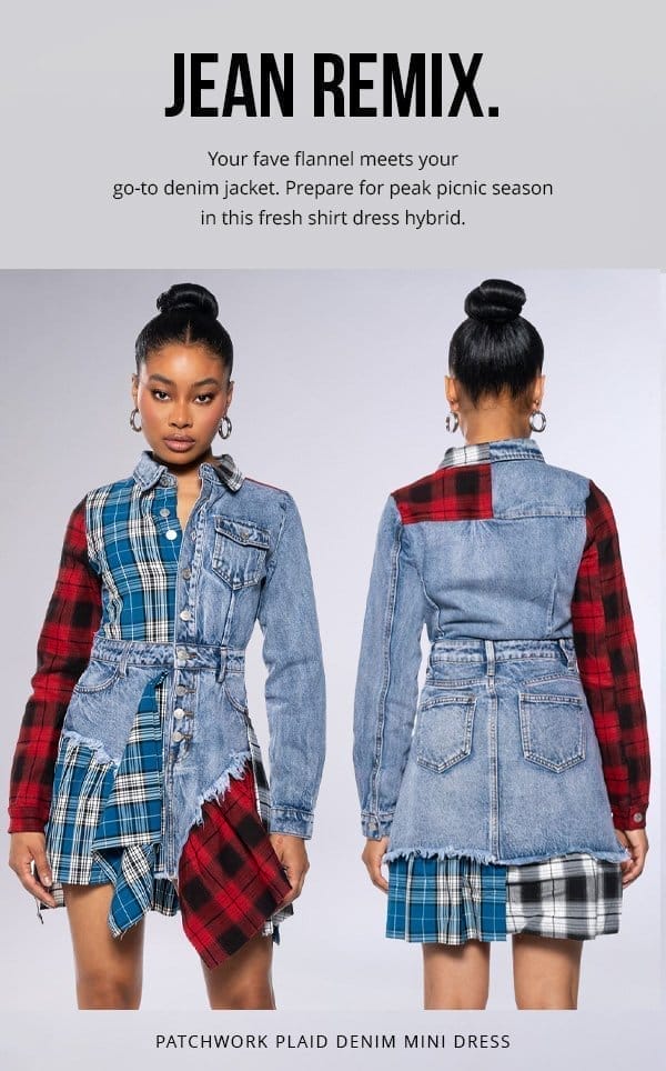 PATCHWORK PLAID DENIM MINI DRESS