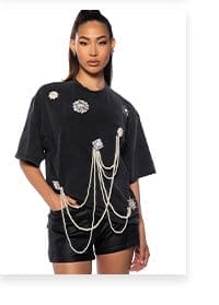 DRIPPING IN JEWELS EMBELLISHED T SHIRT IN HEATHER GREY