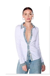 RIB KNIT DENIM TRIM BUTTON DOWN COLLARED SHIRT IN WHITE