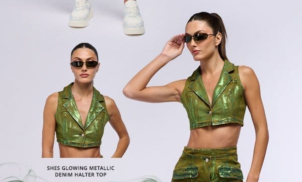 SHES GLOWING METALLIC DENIM HALTER TOP