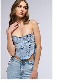 POPSTAR DENIM RHINESTONE CORSET TOP