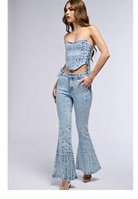 POPSTAR DENIM RHINESTONE FLARED PANT