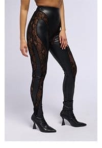 LACE DETAIL PANELED FAUX LEATHER LEGGINGS IN BLACK