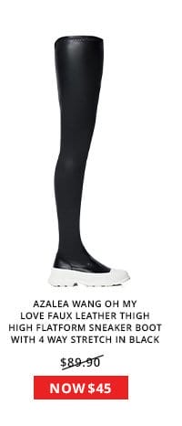 AZALEA WANG OH MY LOVE FAUX LEATHER THIGH HIGH FLATFORM SNEAKER BOOT WITH 4 WAY STRETCH IN BLACK