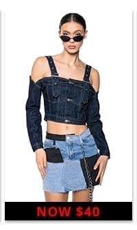 SWEETIE COLD SHOULDER RAW DENIM JACKET