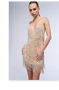 SPARKLE AND SHINE RHINESTONE FRINGE MINI DRESS