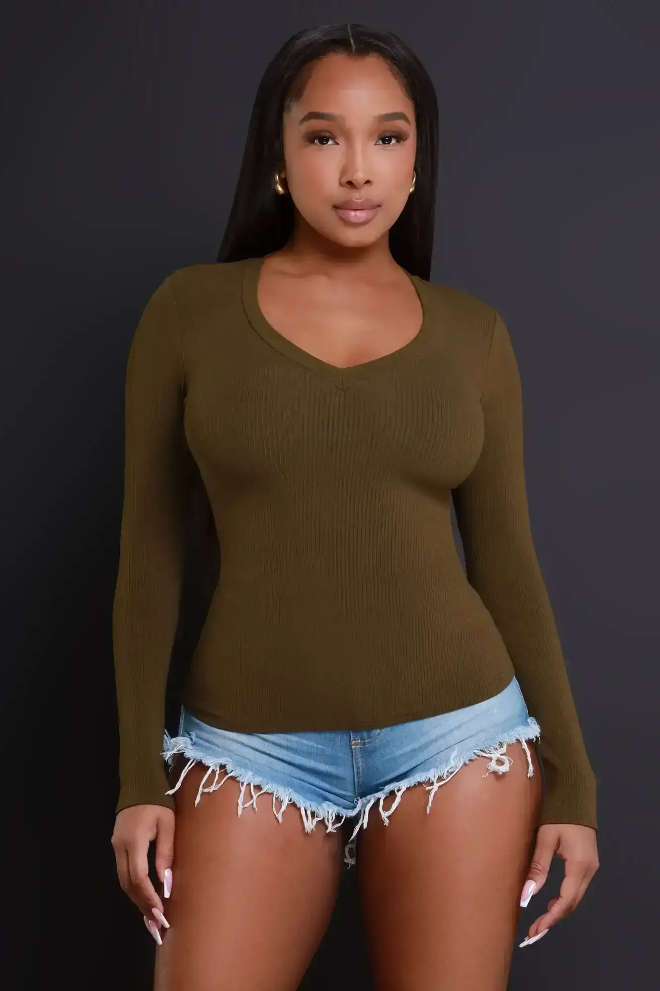 Image of What It Is Cellulite Deleter Long Sleeve Ribbed Top - Olive