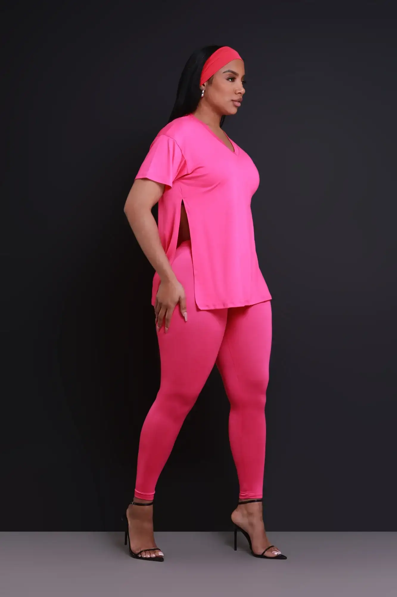 Image of Open Mind Side Slit Short Sleeve Legging Set - Fuchsia