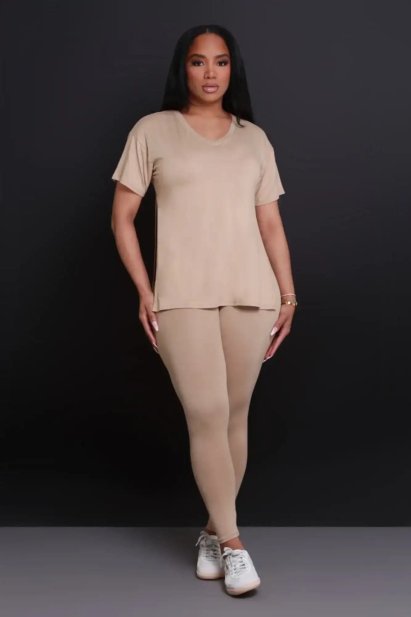 Image of Open Mind Side Slit Short Sleeve Legging Set - Khaki