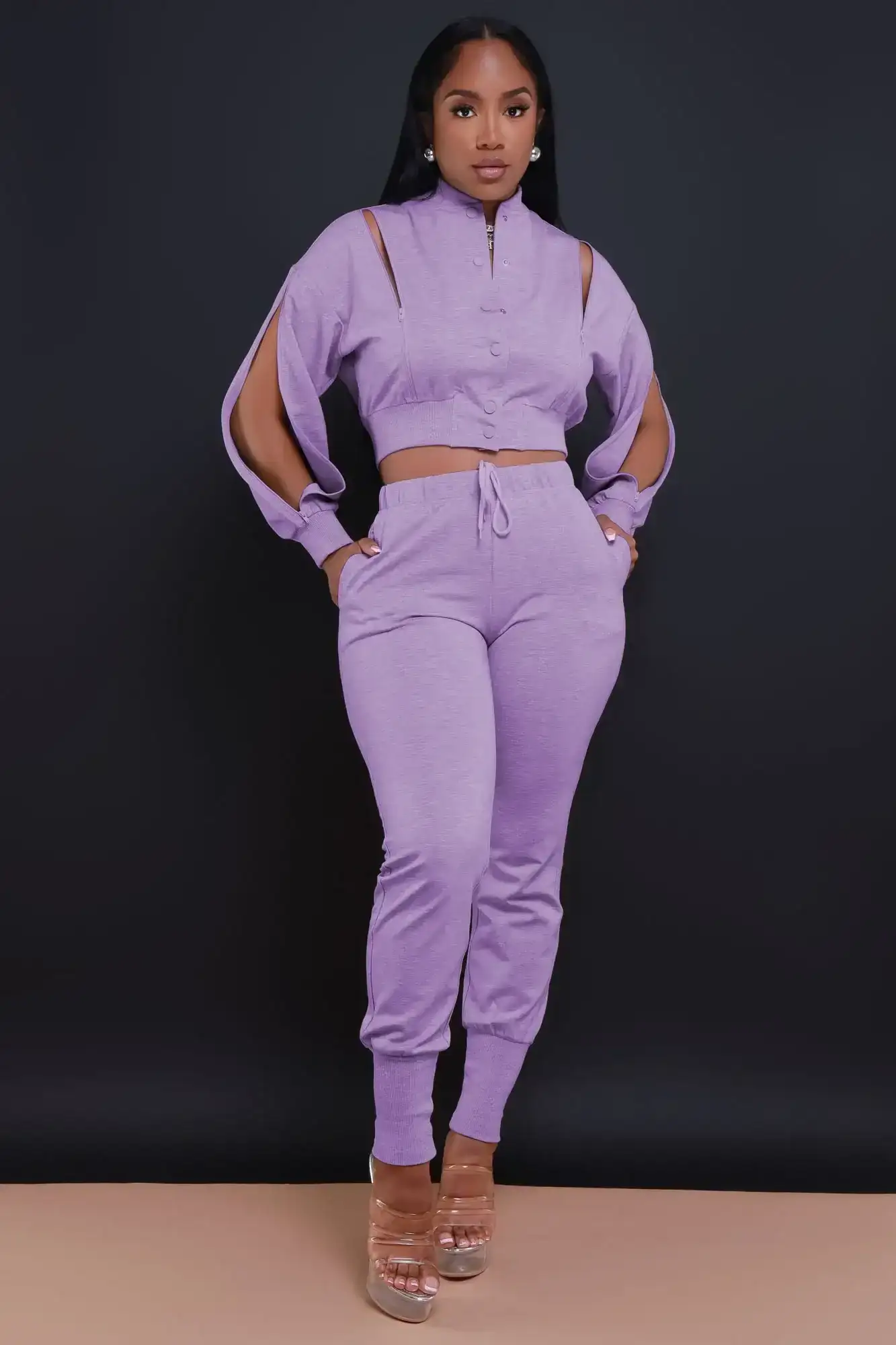 Image of Top Priority Zippered Cropped Jogger Set - Lavender