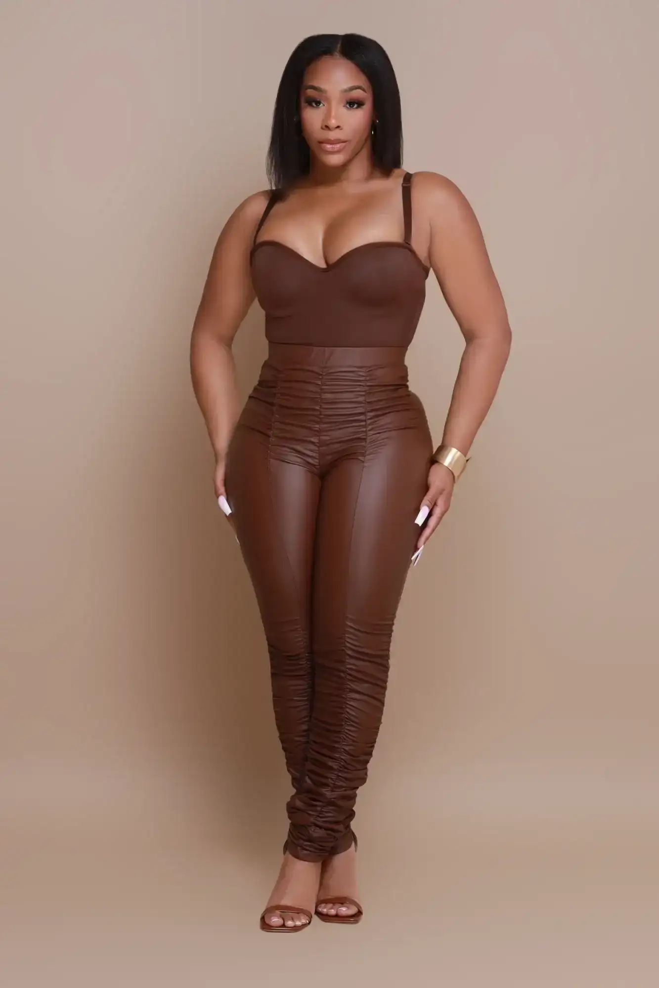 Image of Be Honest Ruched High Waist Pants - Chocolate Faux Leather