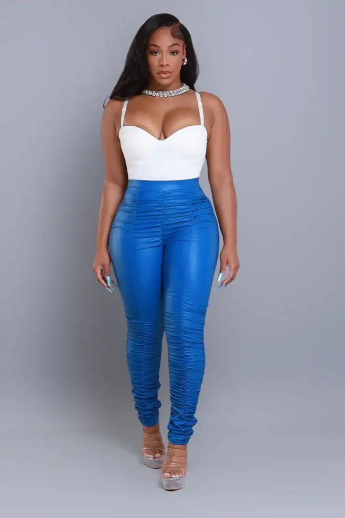 Image of Be Honest Ruched High Waist Pants - Royal Blue Faux Leather Leggings