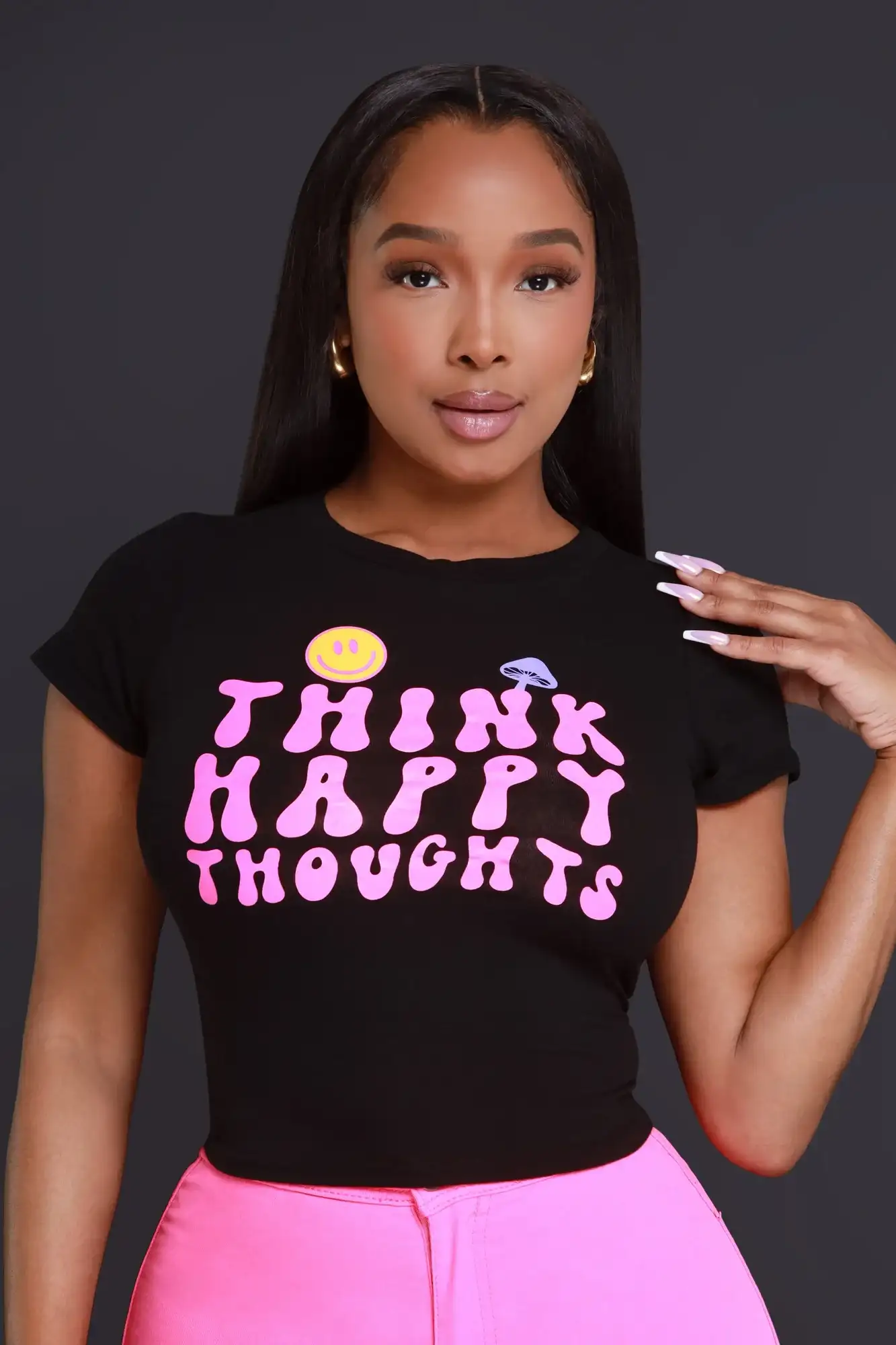 Image of Happy Thoughts Cropped Graphic T-Shirt - Black