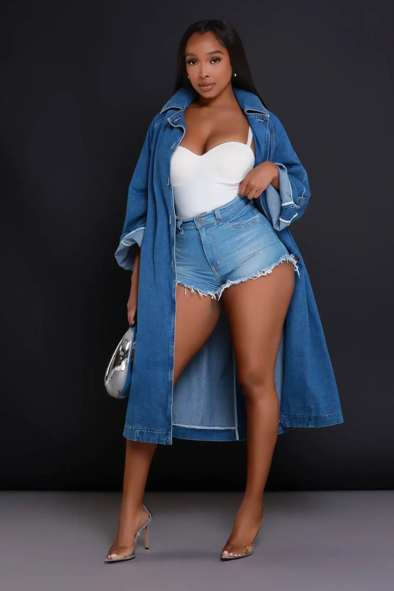 Image of Spark Up Distressed Hourglass Denim Shorts - Blue