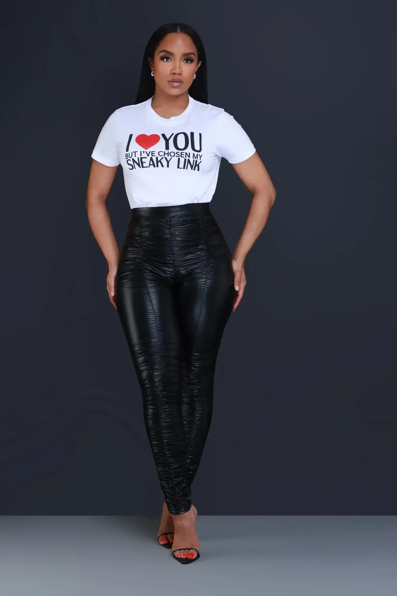 Image of Be Honest Ruched High Waist Pants - Shiny Black