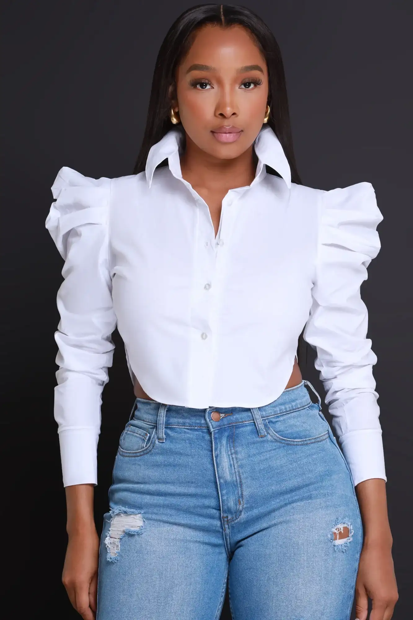 Image of Diva Cropped Button Up Top - White