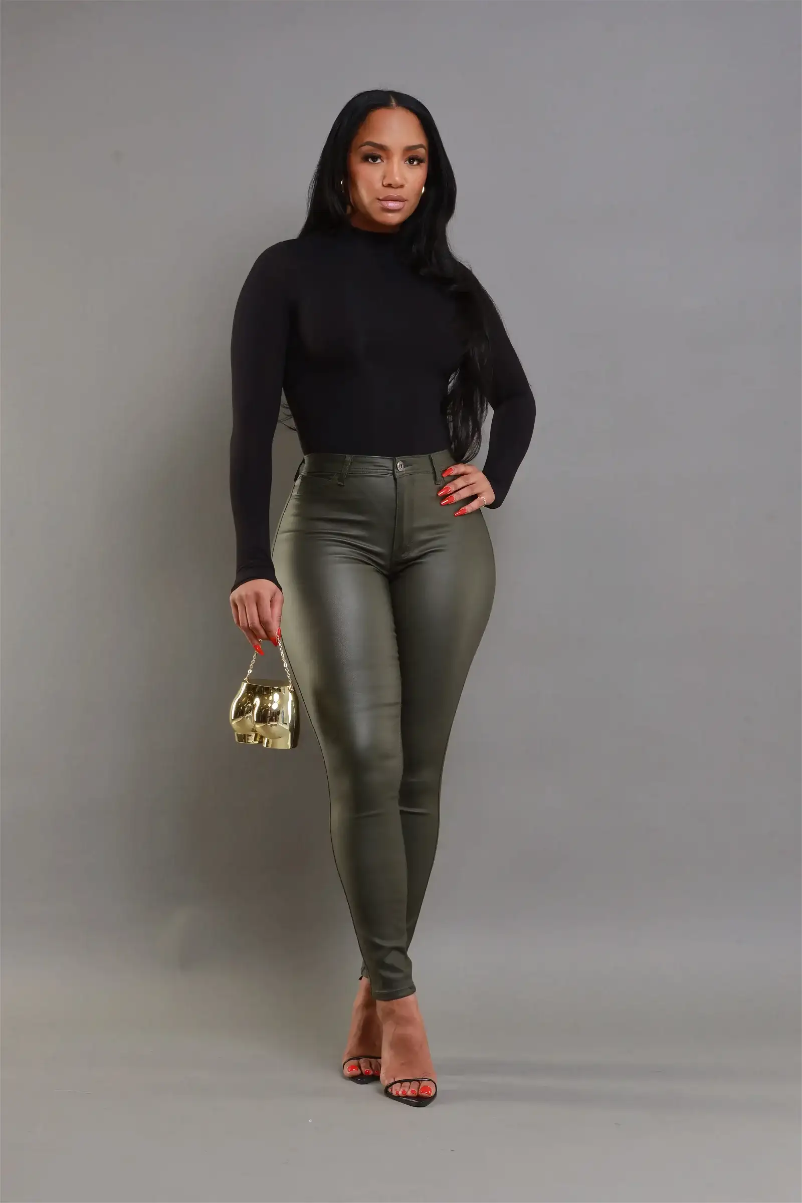 Image of Curve You Faux Leather High Rise Pants - Olive