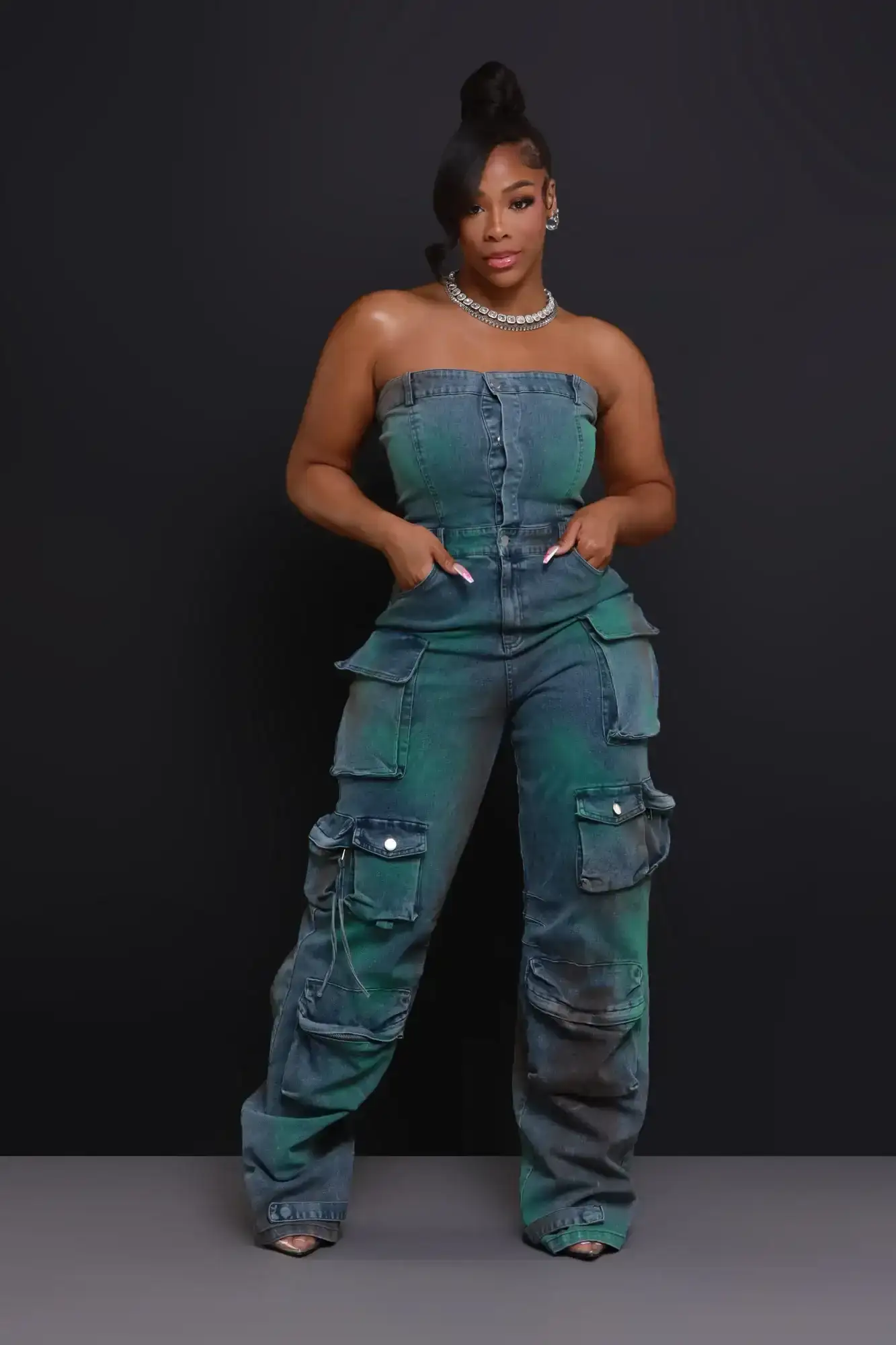 Image of Jaded Strapless Denim Cargo Jumpsuit - Green/Blue