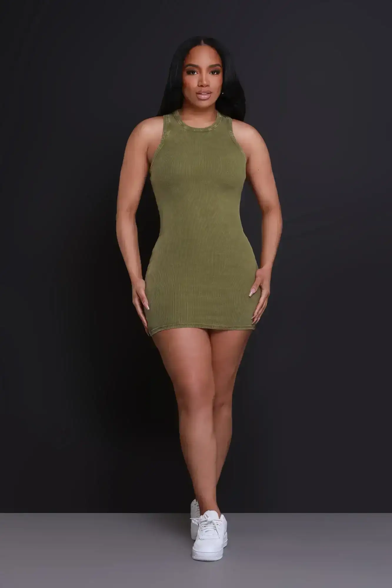 Image of Front Row NUW Ribbed Mini Dress - Moss Green