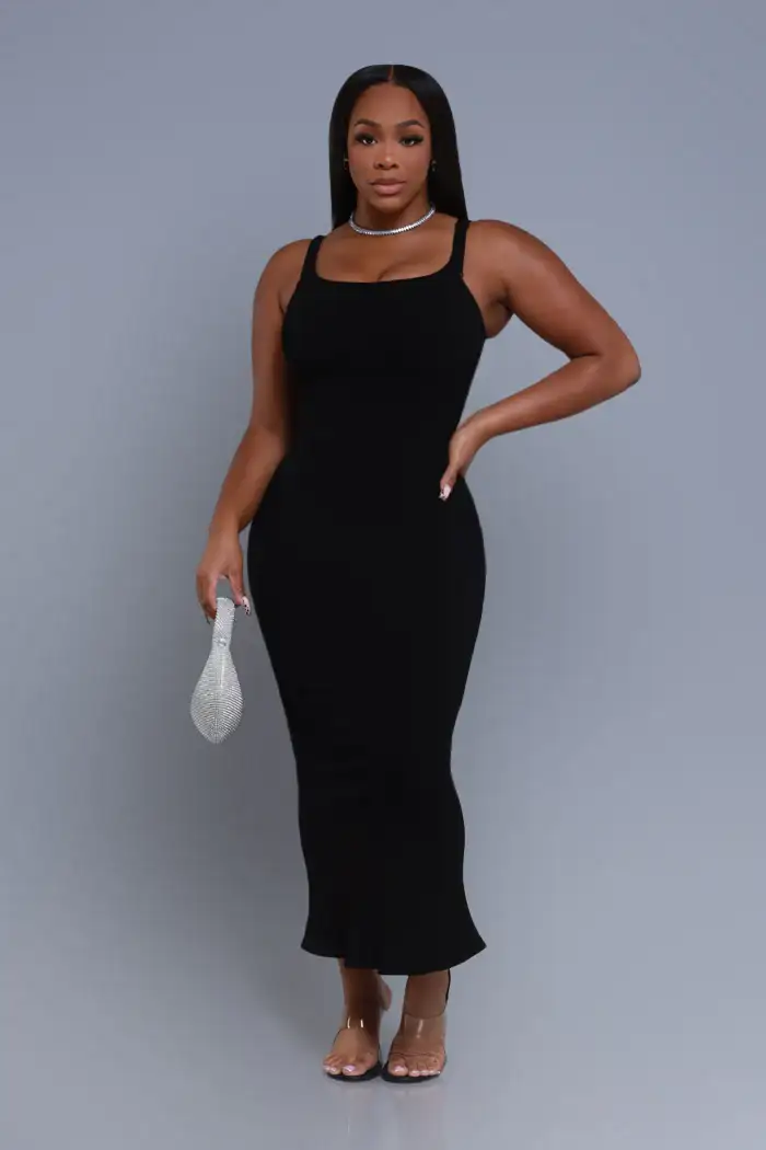 Image of Status Check Cellulite Deleter Strappy Ribbed Maxi Dress - Black