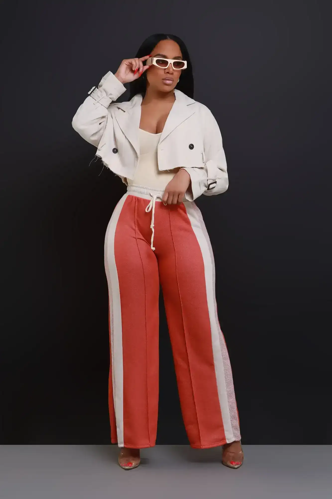 Image of Slacking Off Wide Leg Striped Pants - Rust/Cream