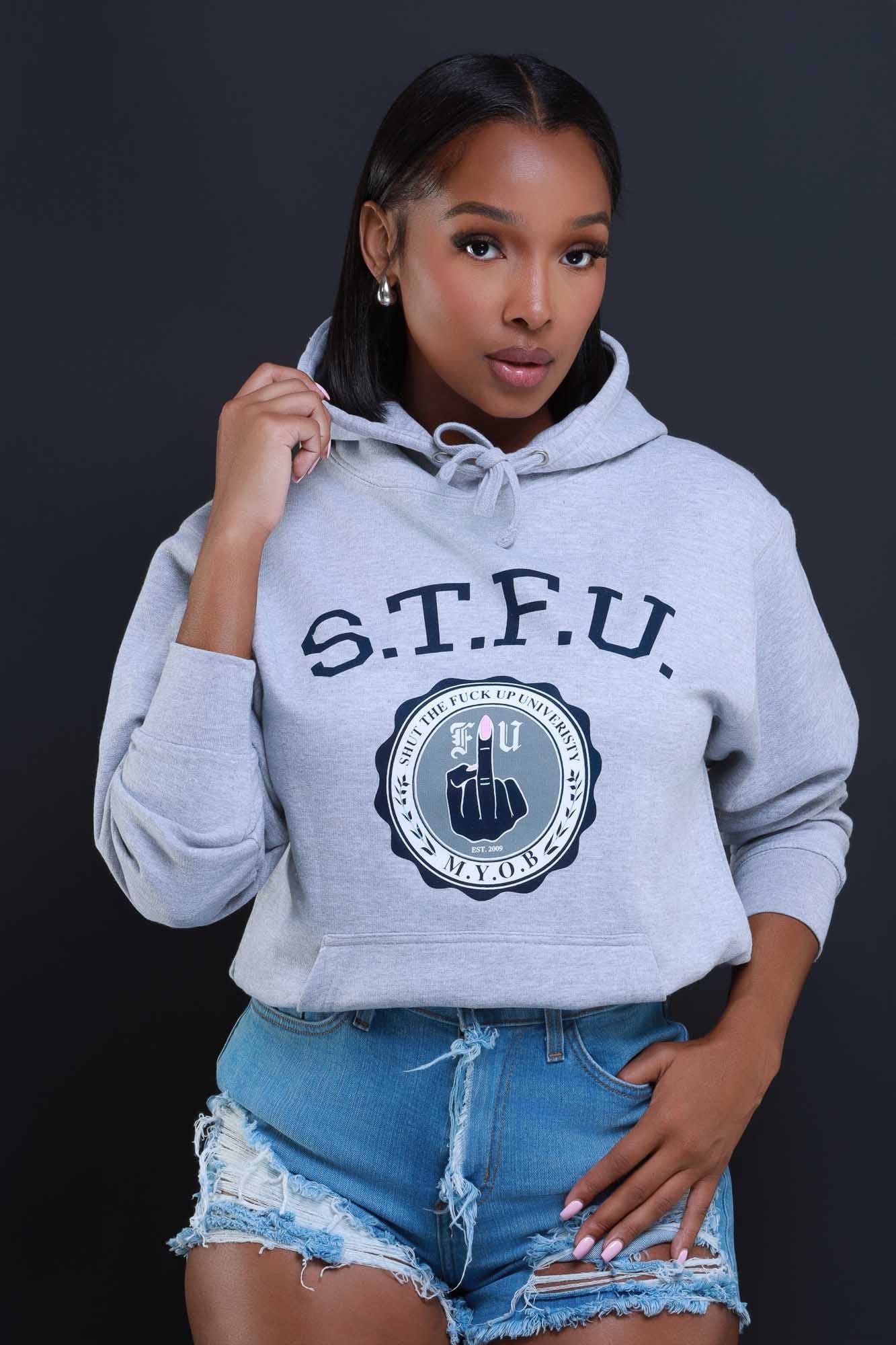 Image of STFU Graphic Pullover Hooded Sweatshirt - Heather Grey