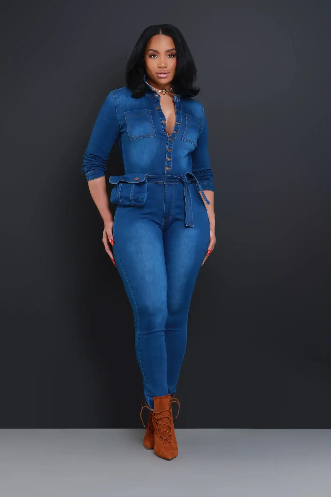 Image of Rehab Full Denim Jumpsuit - Mid Wash