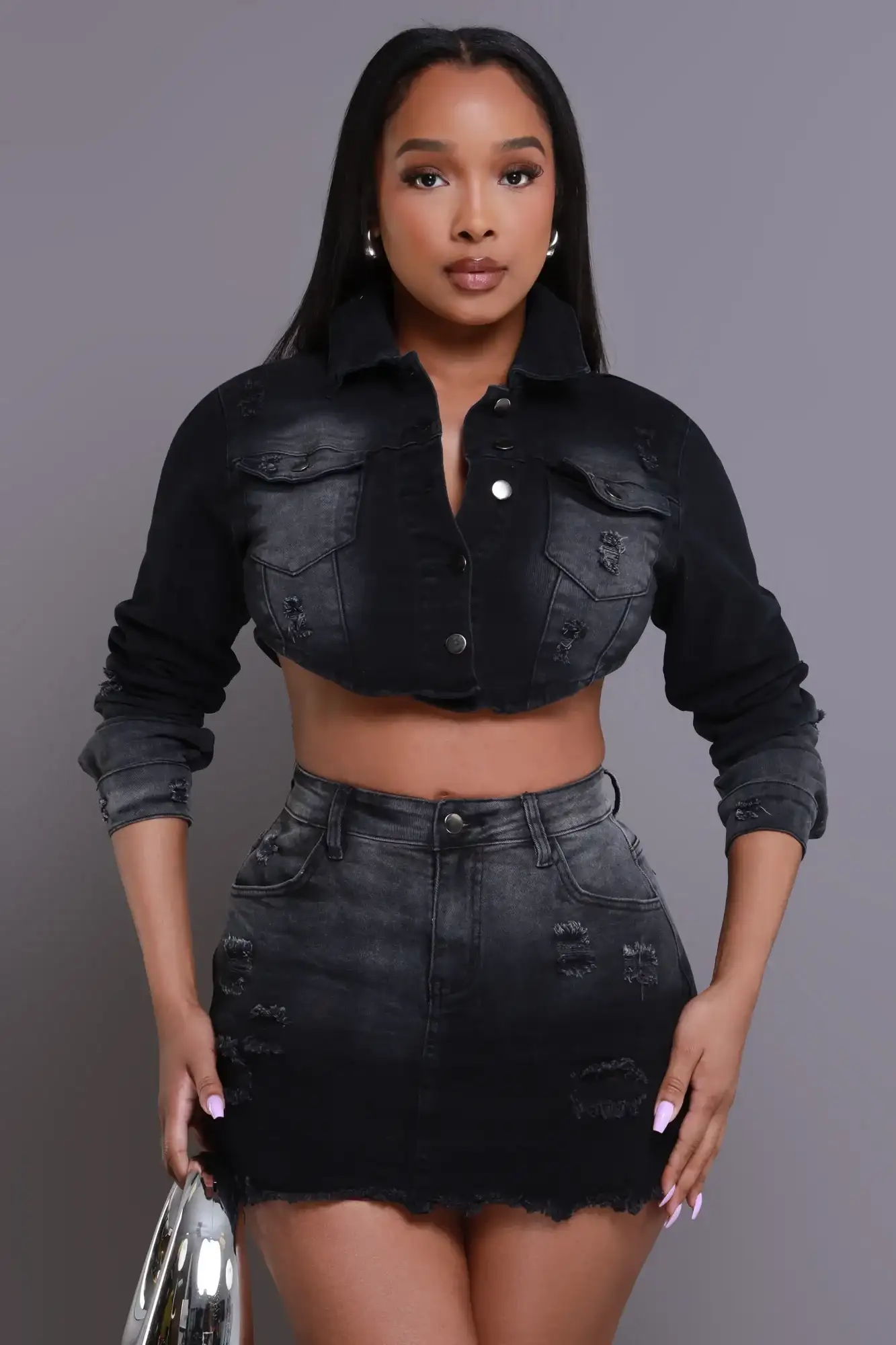 Image of Back Off Cropped Distressed Denim Jacket - Black