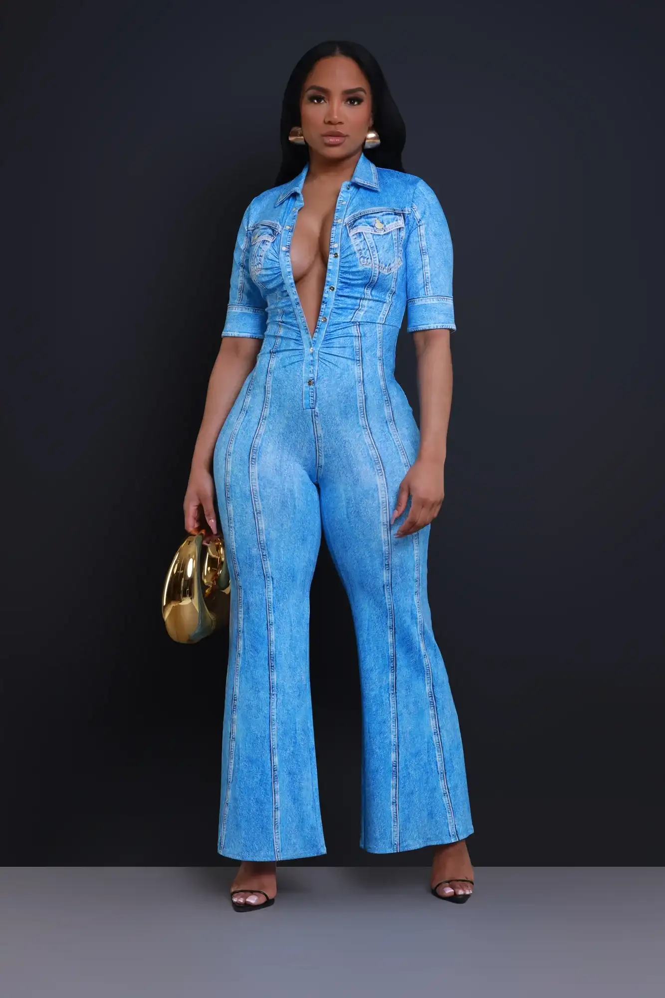 Image of Buckle In Denim Effect Jumpsuit - Blue