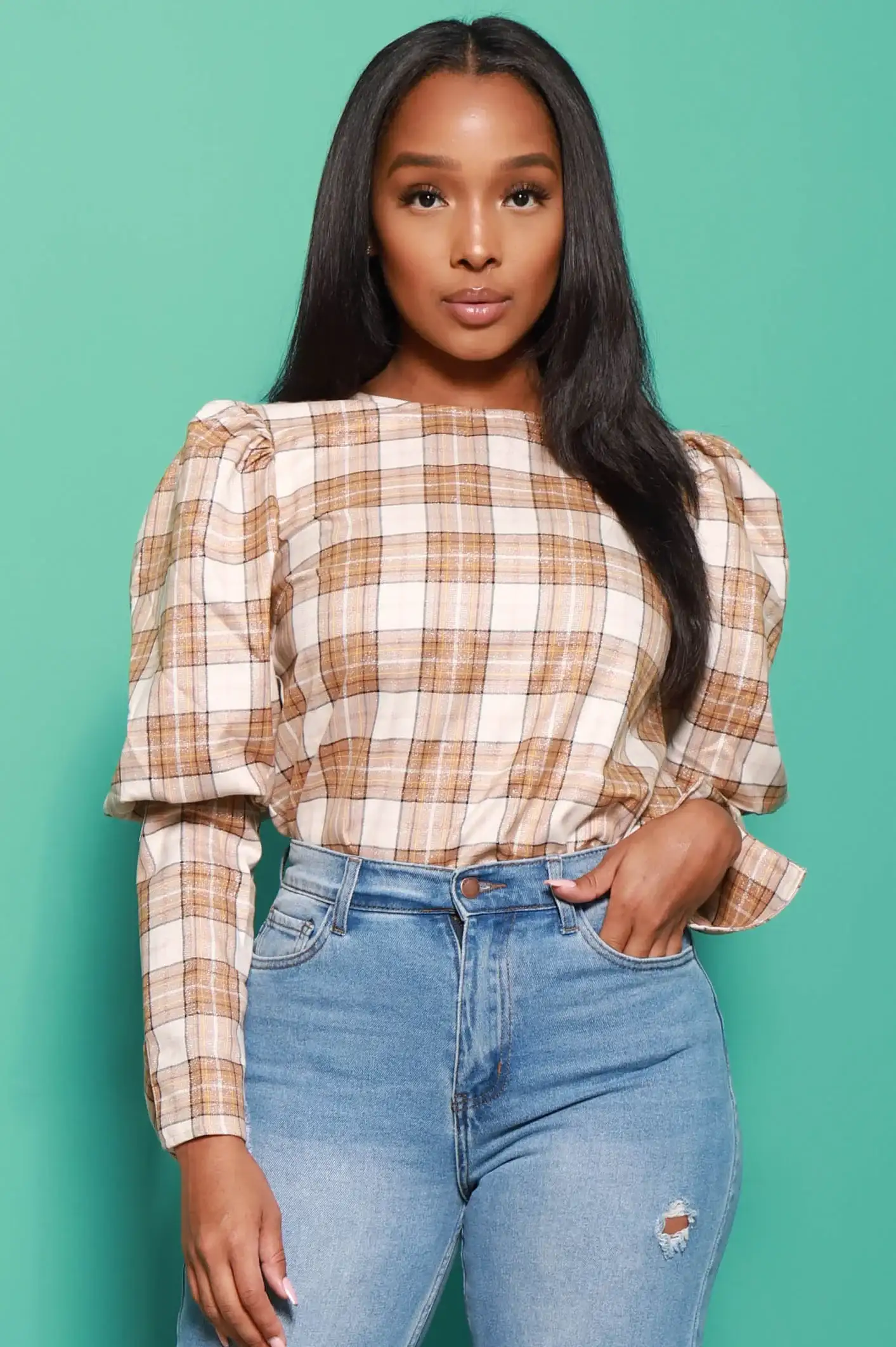 Image of Just Got Plaid Long Sleeve Top - Taupe