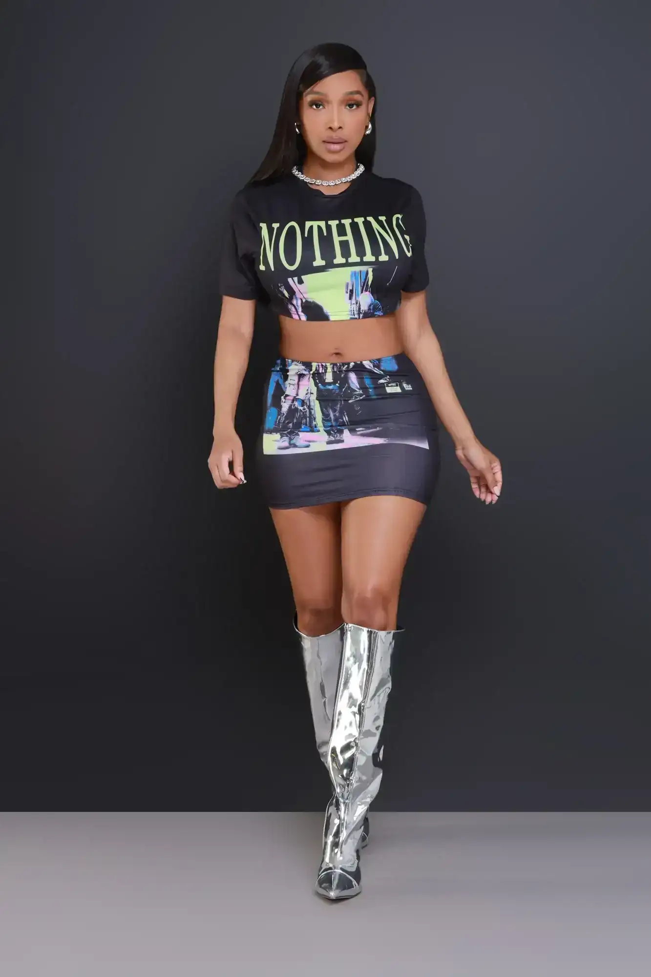 Image of It's Nothing Cropped Graphic Skirt Set - Black