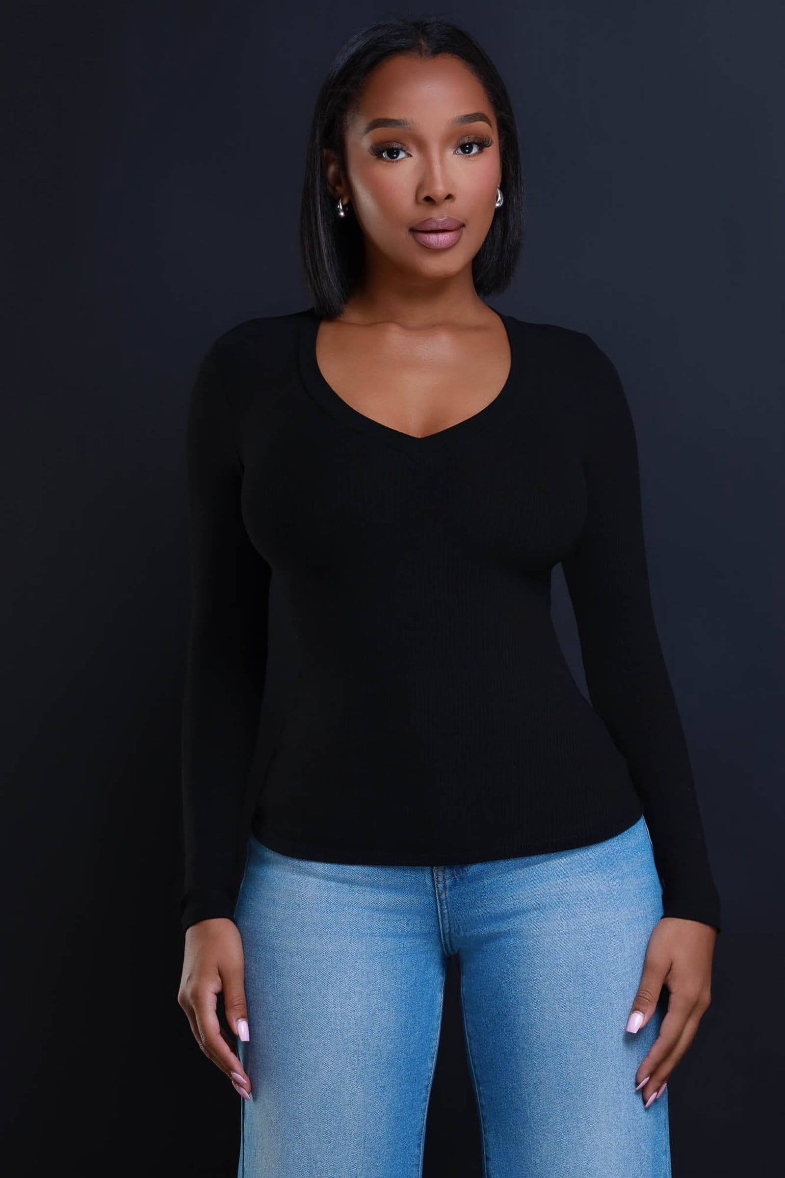 Image of What It Is Cellulite Deleter Long Sleeve Ribbed Top - Black