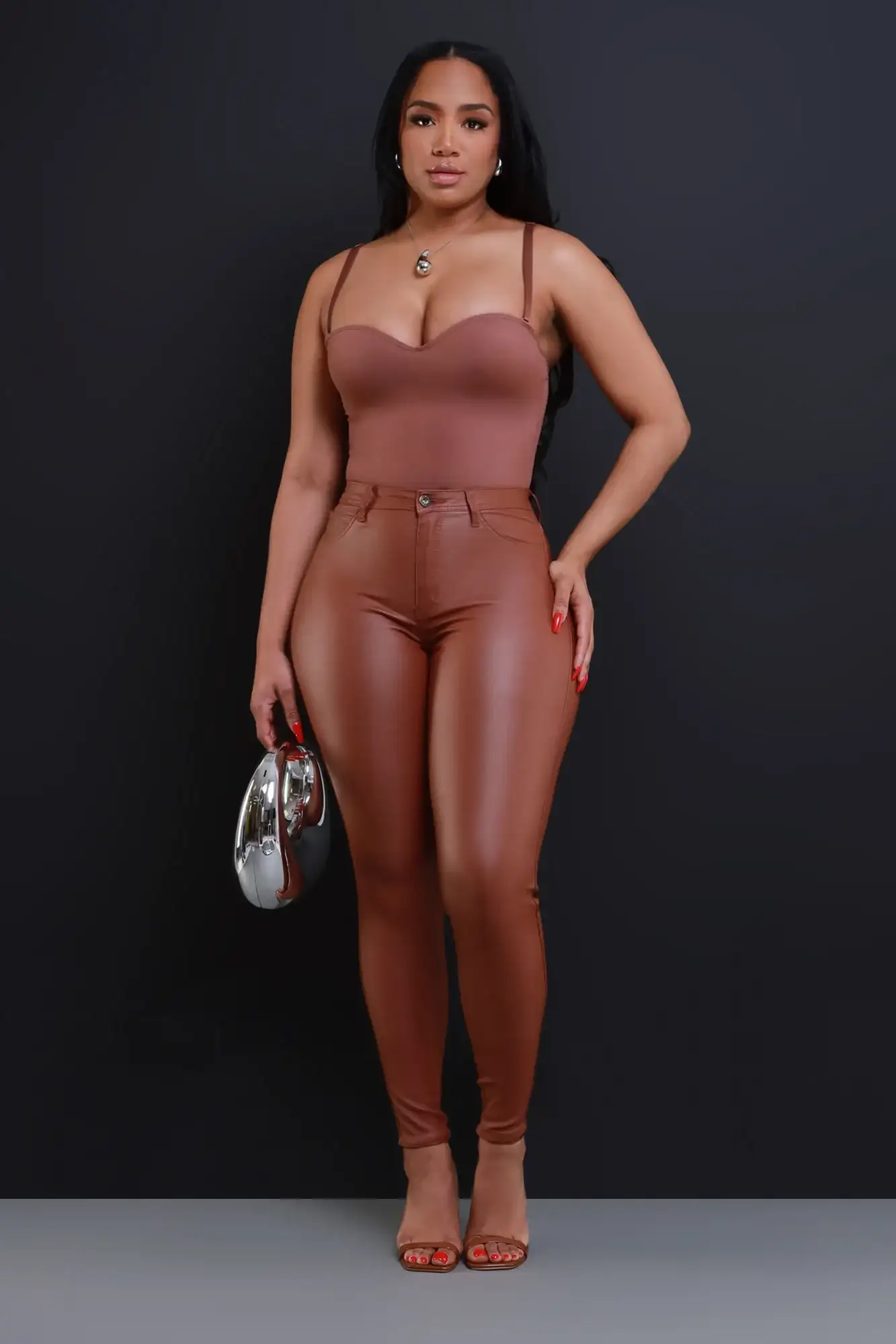 Image of Curve You Faux Leather High Rise Pants - Rust