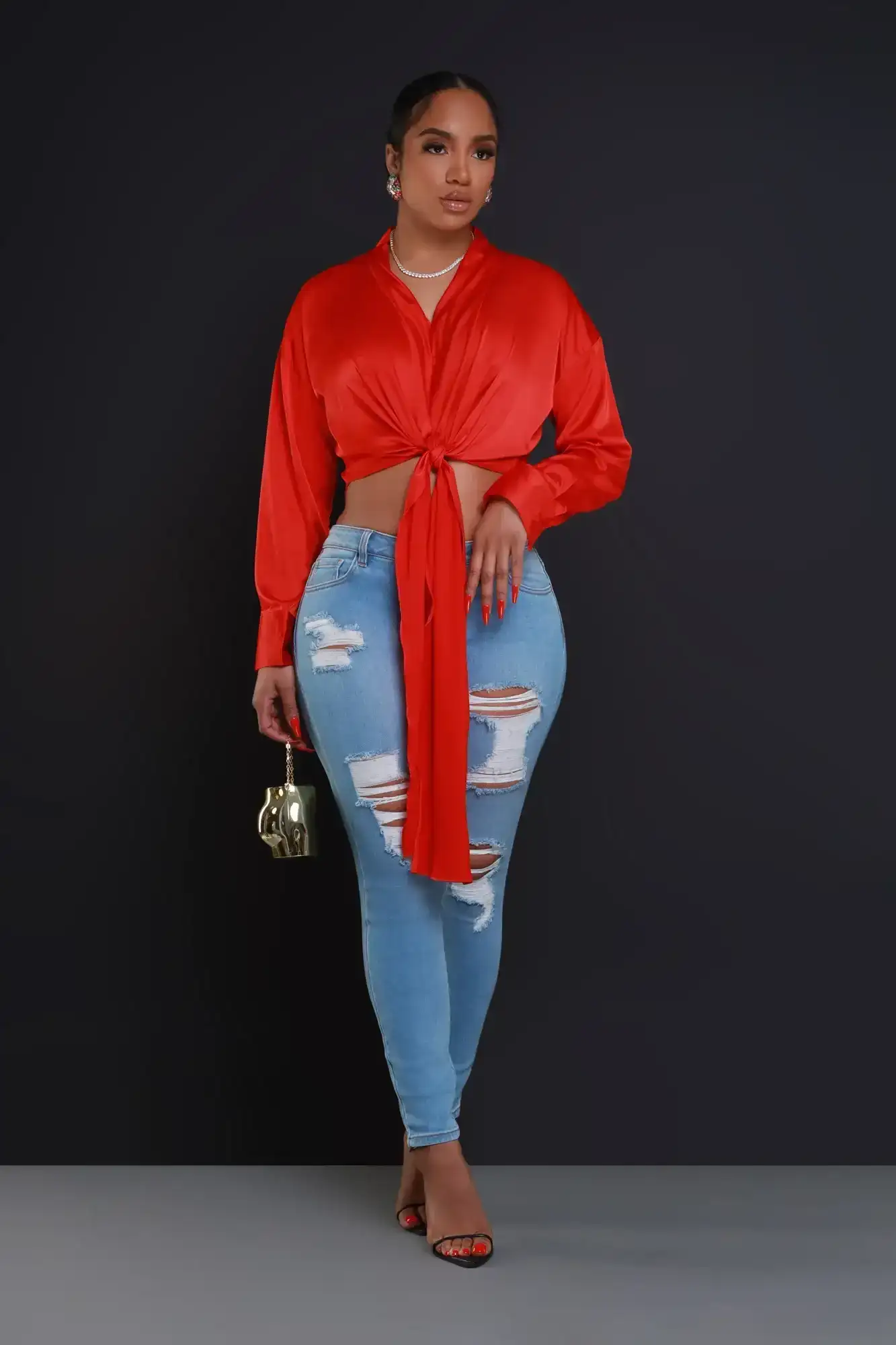 Image of Above The Law Satin Tie Up Blouse - Red