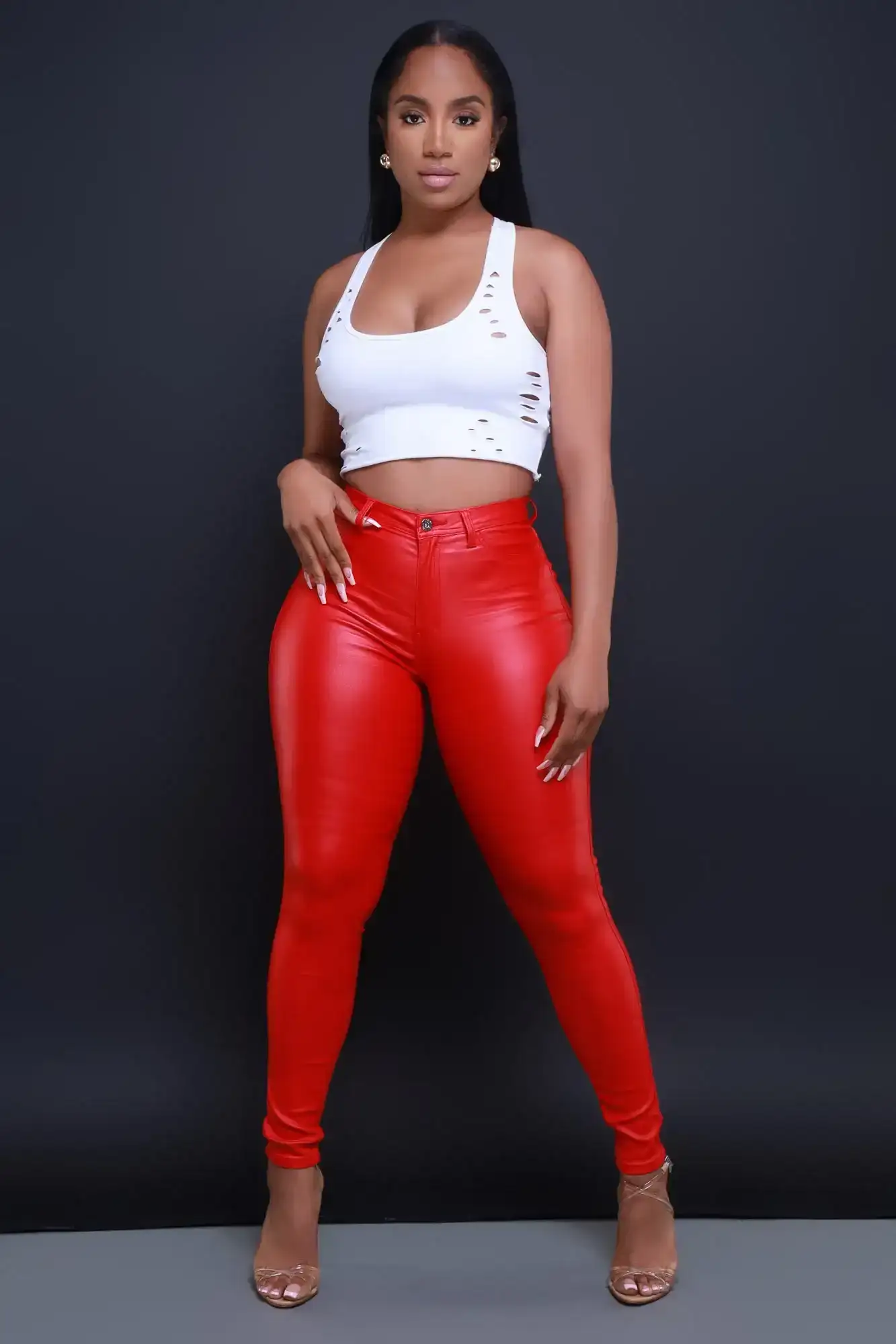 Image of Curve You Faux Leather High Rise Pants - Red