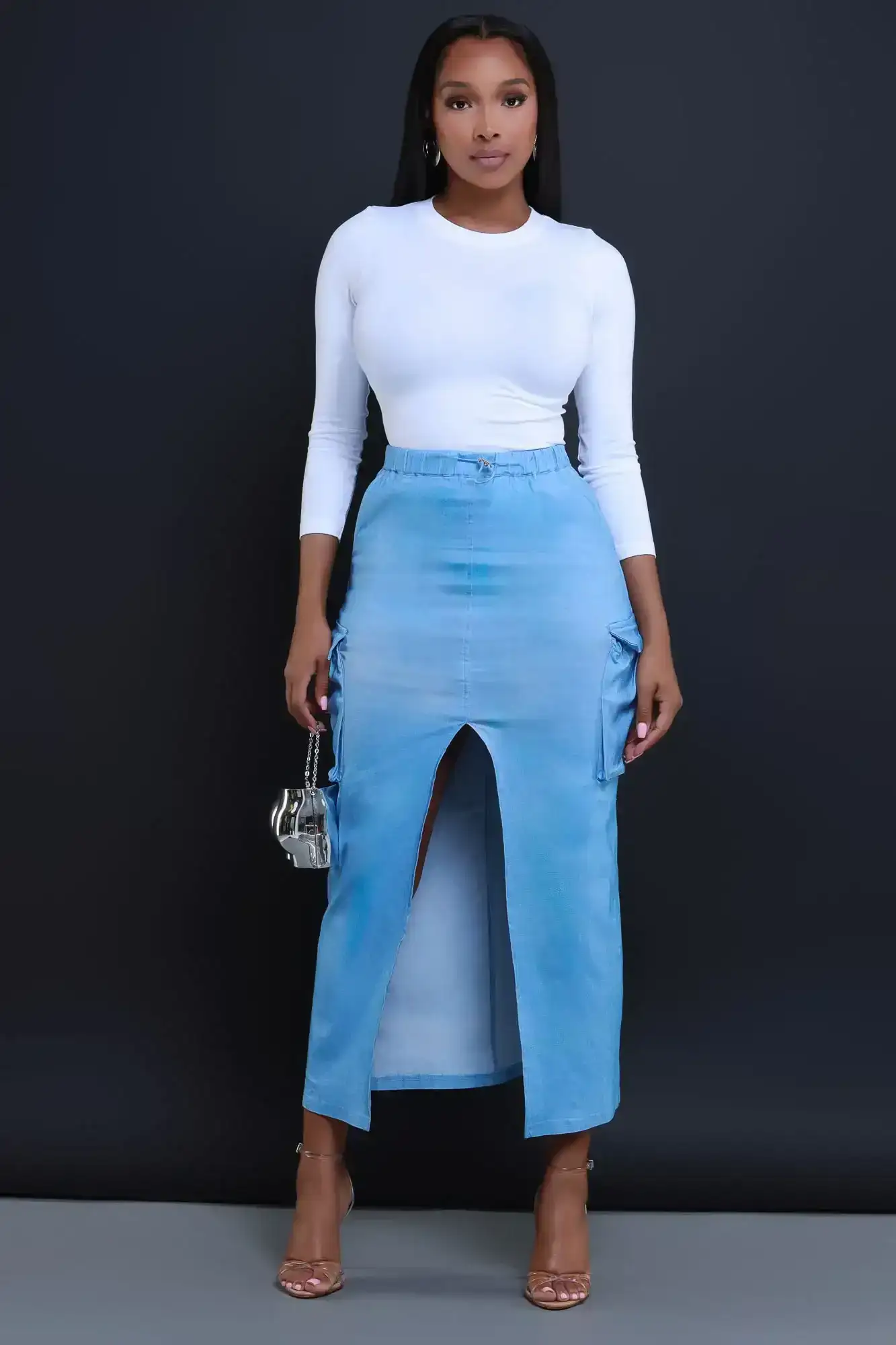 Image of We Cool High Rise Cargo Maxi Skirt - Blue