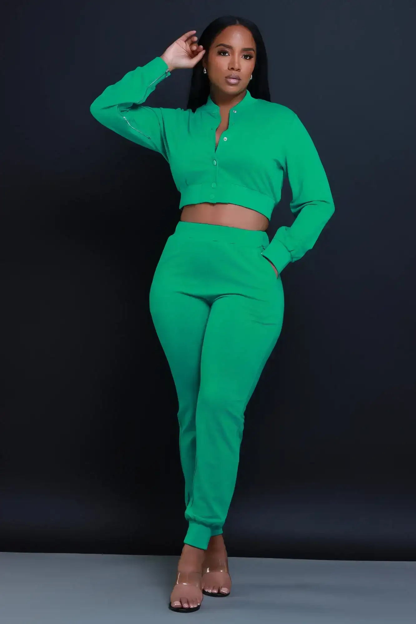 Image of Had Enough Zippered Cropped Jogger Set - Green